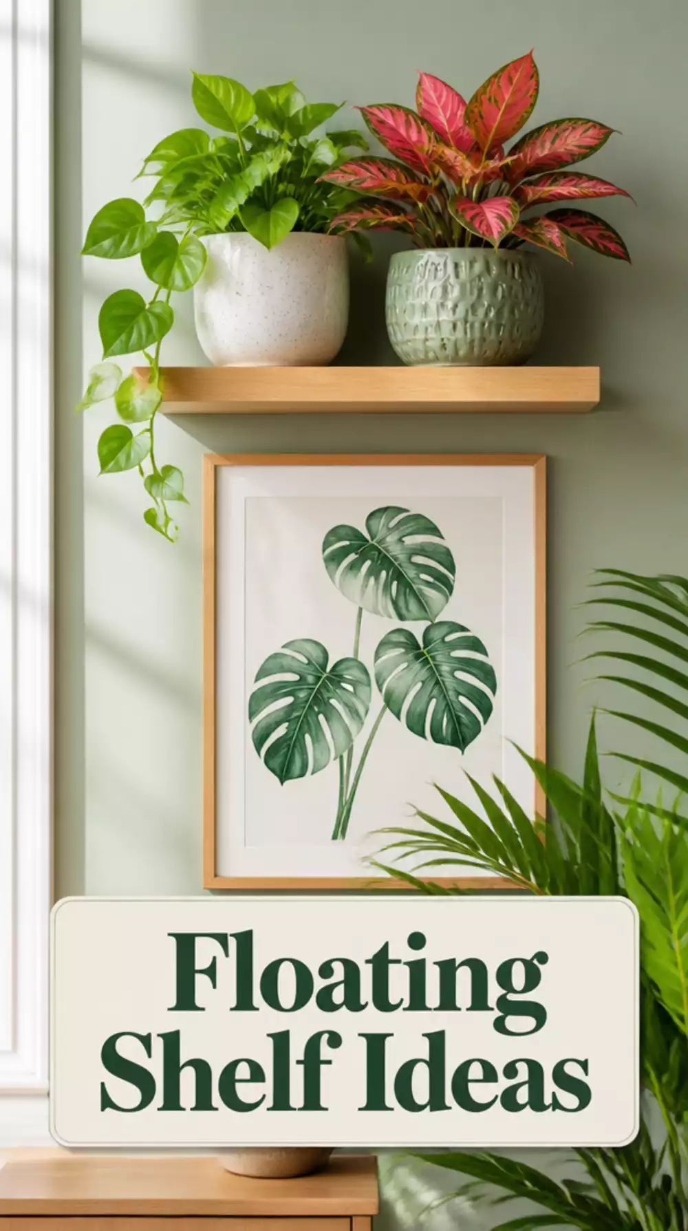Small Entryway Floating Shelf with Two Ceramic Pots and a Botanical Print Above
