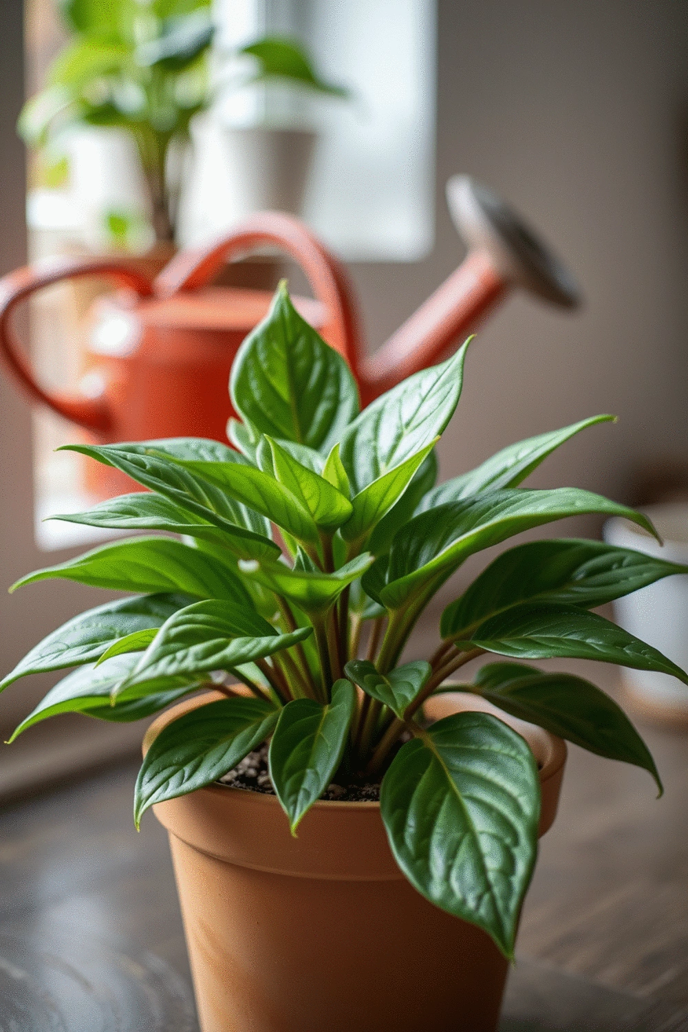 Close-up of a healthy indoor plant with vibrant green leaves in a terracotta pot, soft natural light, shallow depth of field, with a watering can in the background