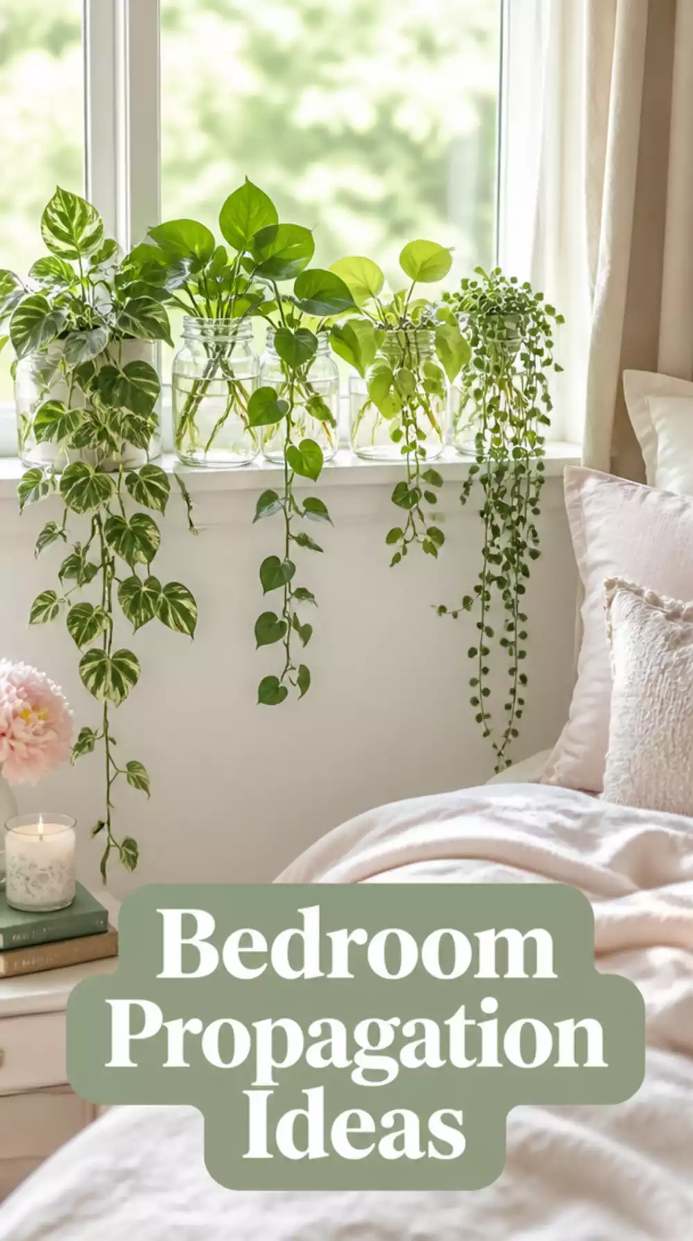 Bedroom Windowsill Propagation Shelf with Trailing Cuttings in Matching Glass Jars