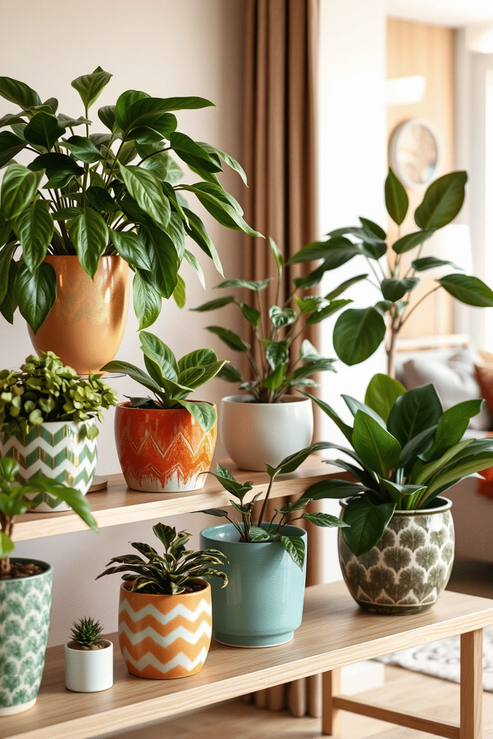A beautifully styled indoor plant shelf with various plants in bold, patterned planters. The plants are healthy and well-maintained, with glossy leaves. The shelf is made of light wood, and the background is a soft, blurred living room interior with warm natural light. no text, no words, no typography, no labels, clean image, no humans, no people, no hands, no body parts