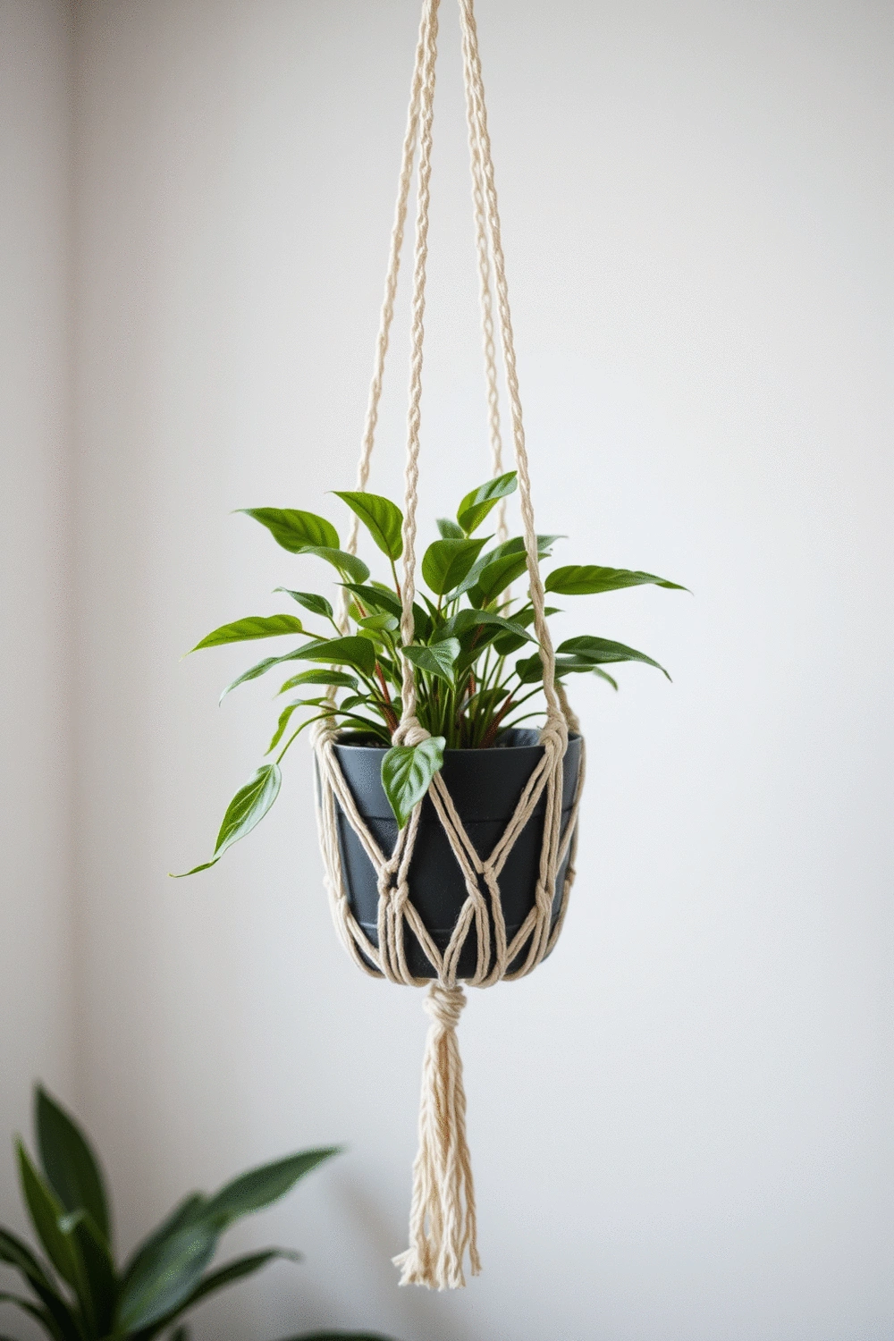 Close-up of a clean, well-maintained macrame plant hanger with a thriving indoor plant, softly lit