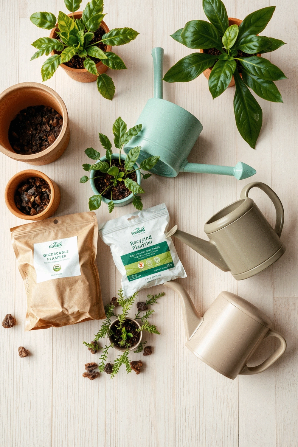 Various eco-friendly plant accessories like biodegradable pots, recycled planters, and organic fertilizers arranged neatly, soft natural light, clean background.