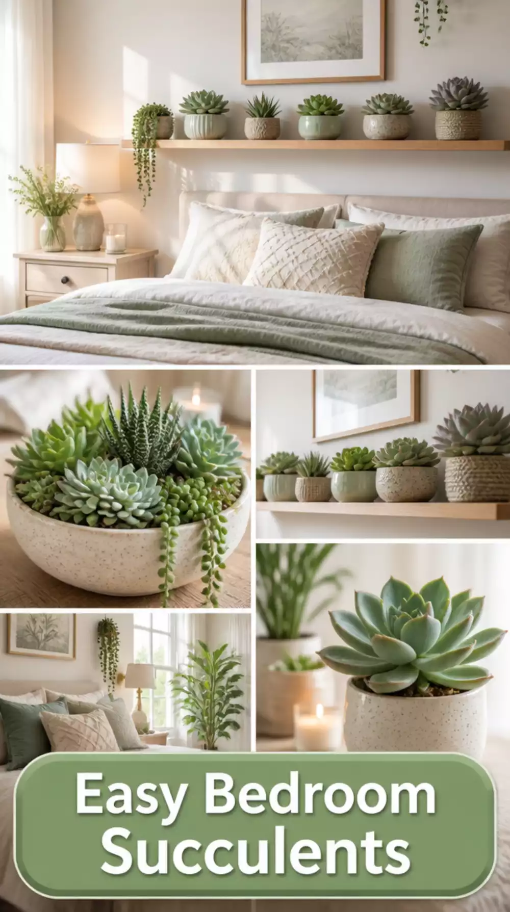 Bedroom Succulent Grouping on a Floating Shelf That Needs Almost No Watering