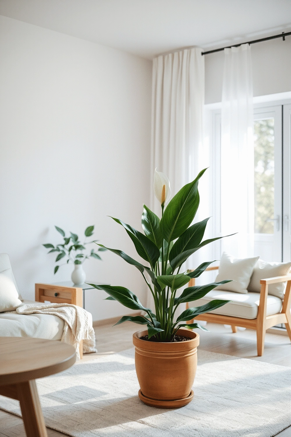 A minimalist living room with a large, healthy peace lily plant in a clay pot, surrounded by natural wood furniture and soft, neutral-toned textiles. Soft natural light streams through a window.