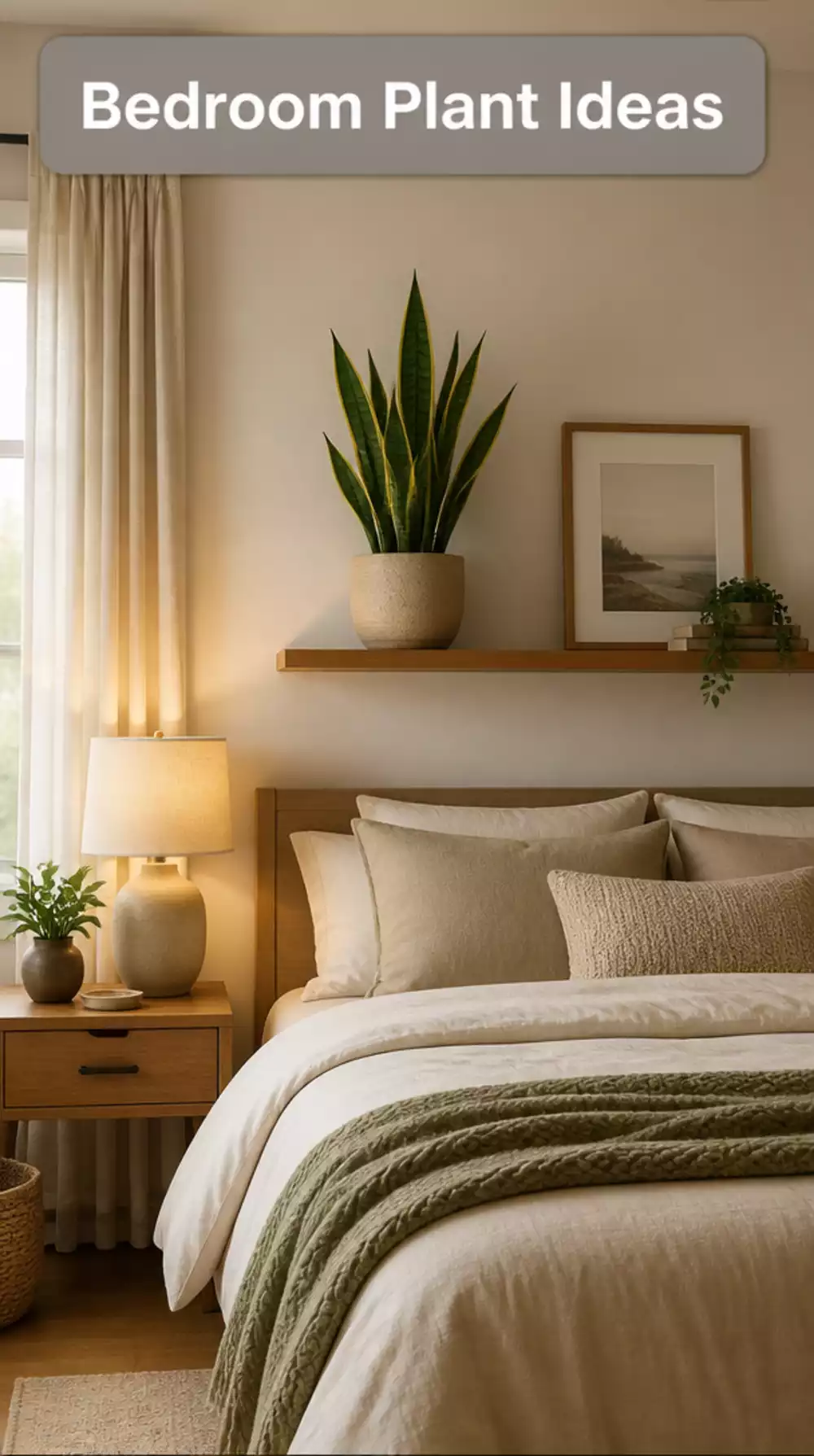 Bedroom Snake Plant on Floating Shelf for Night Air Purification