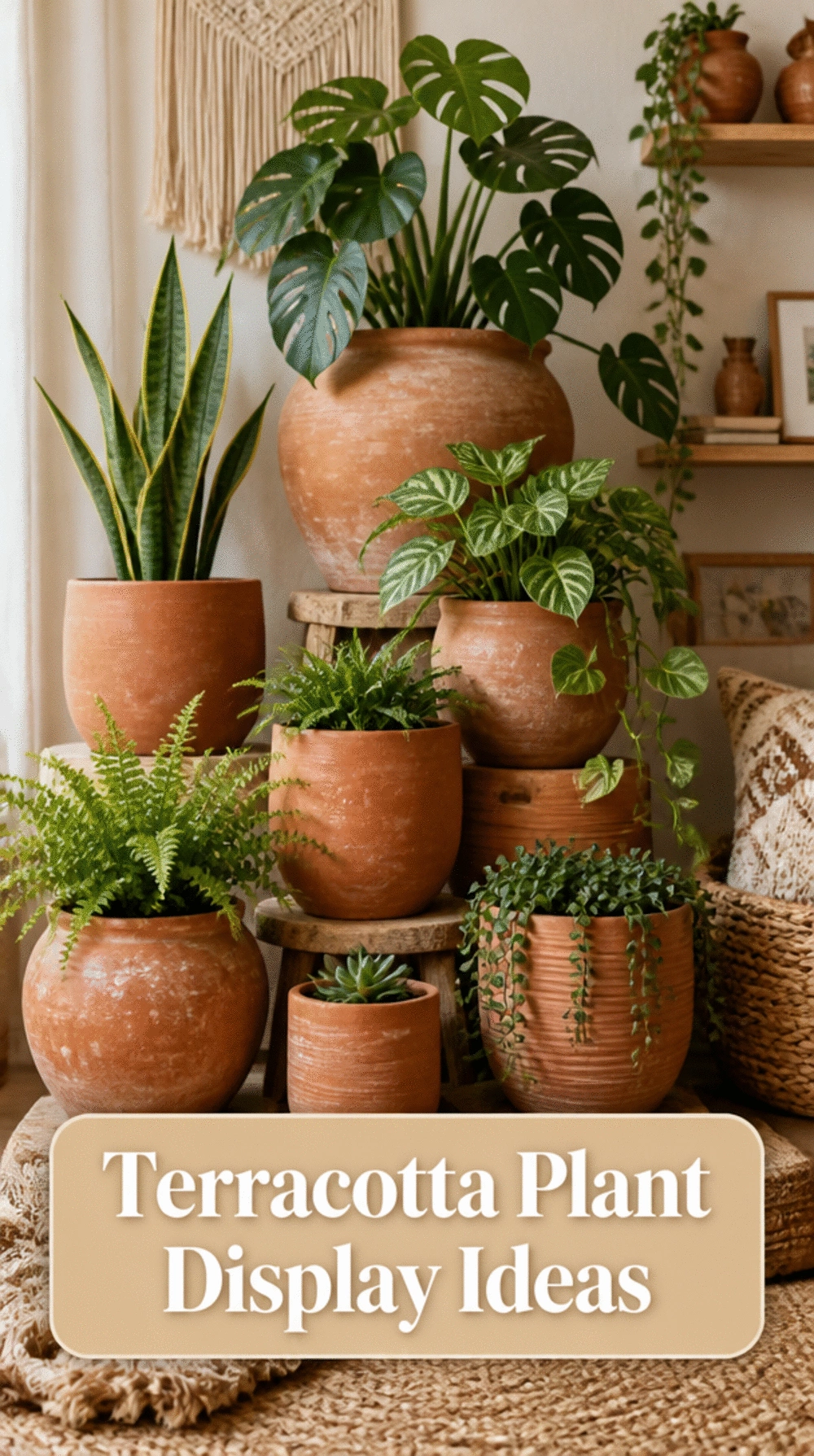 Terracotta Pots in Varying Heights That Build a Layered Boho Plant Display