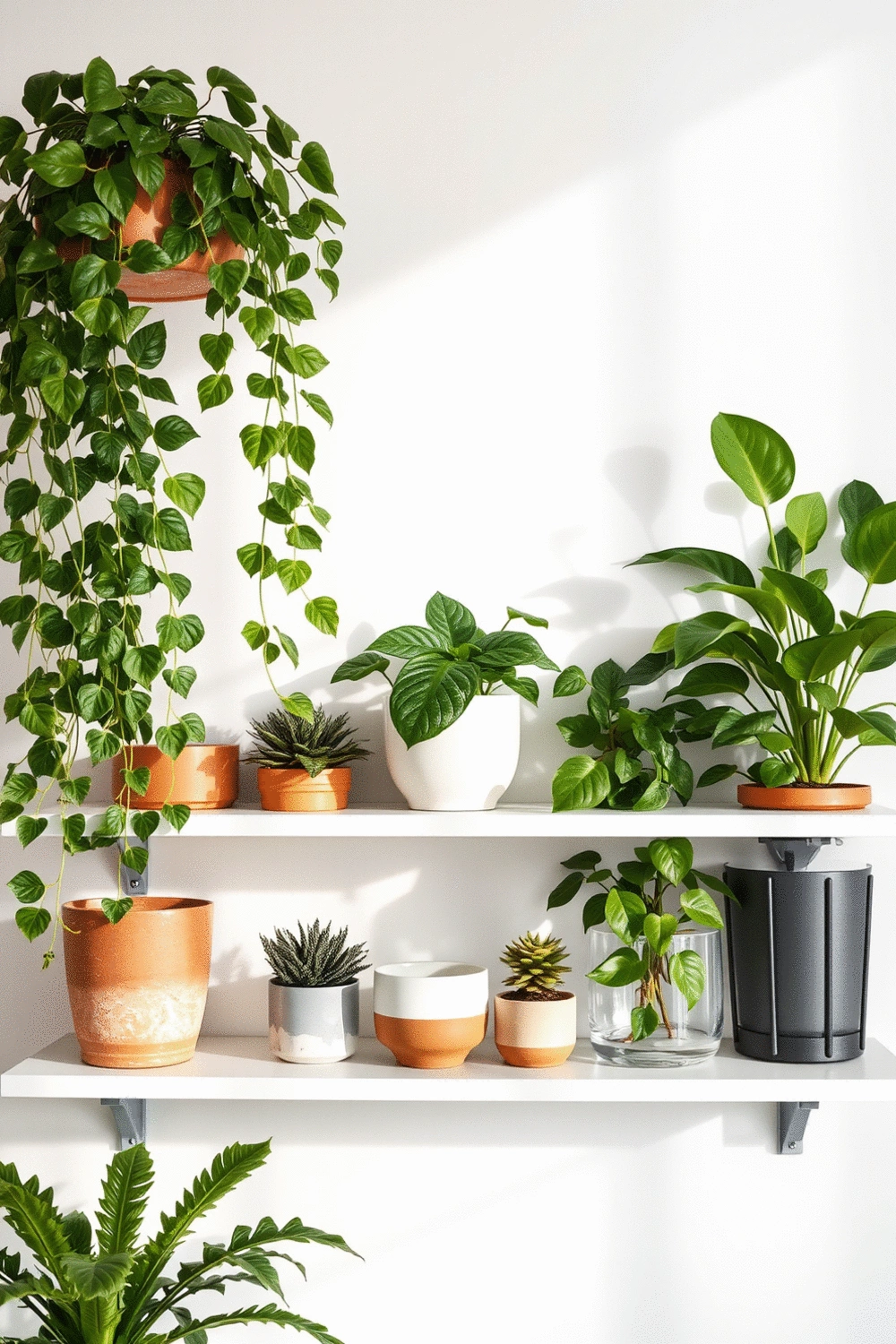 A beautifully arranged plant shelf with various potted plants in different sizes and textures, creating a harmonious indoor garden display.