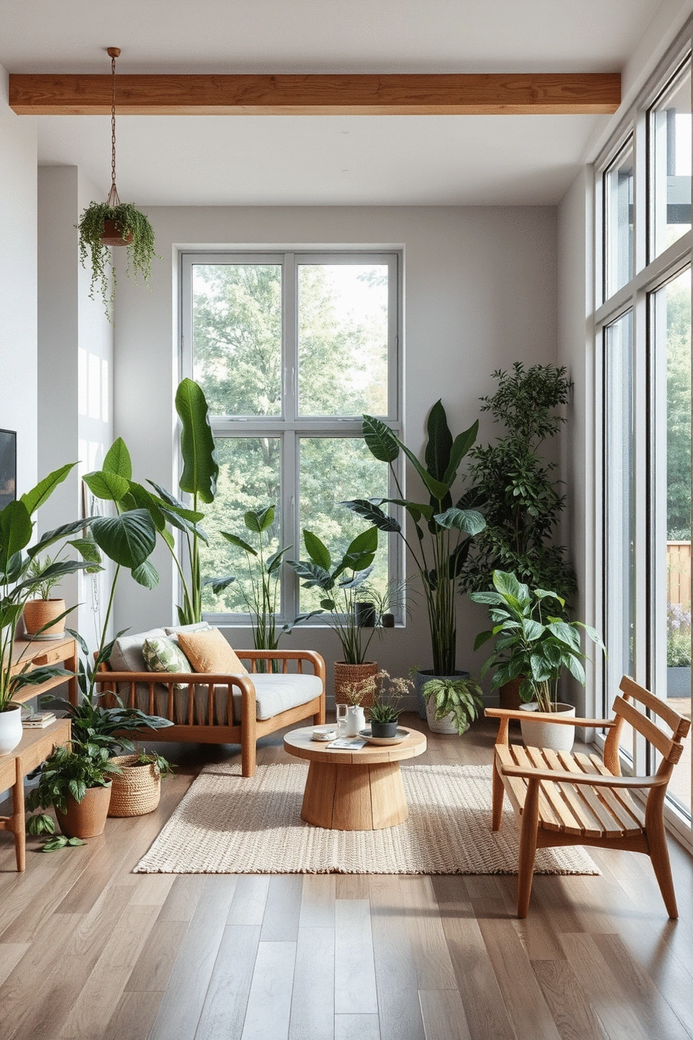 Interior living space designed with biophilic elements, featuring various indoor plants, natural light streaming through large windows, and wooden furniture.