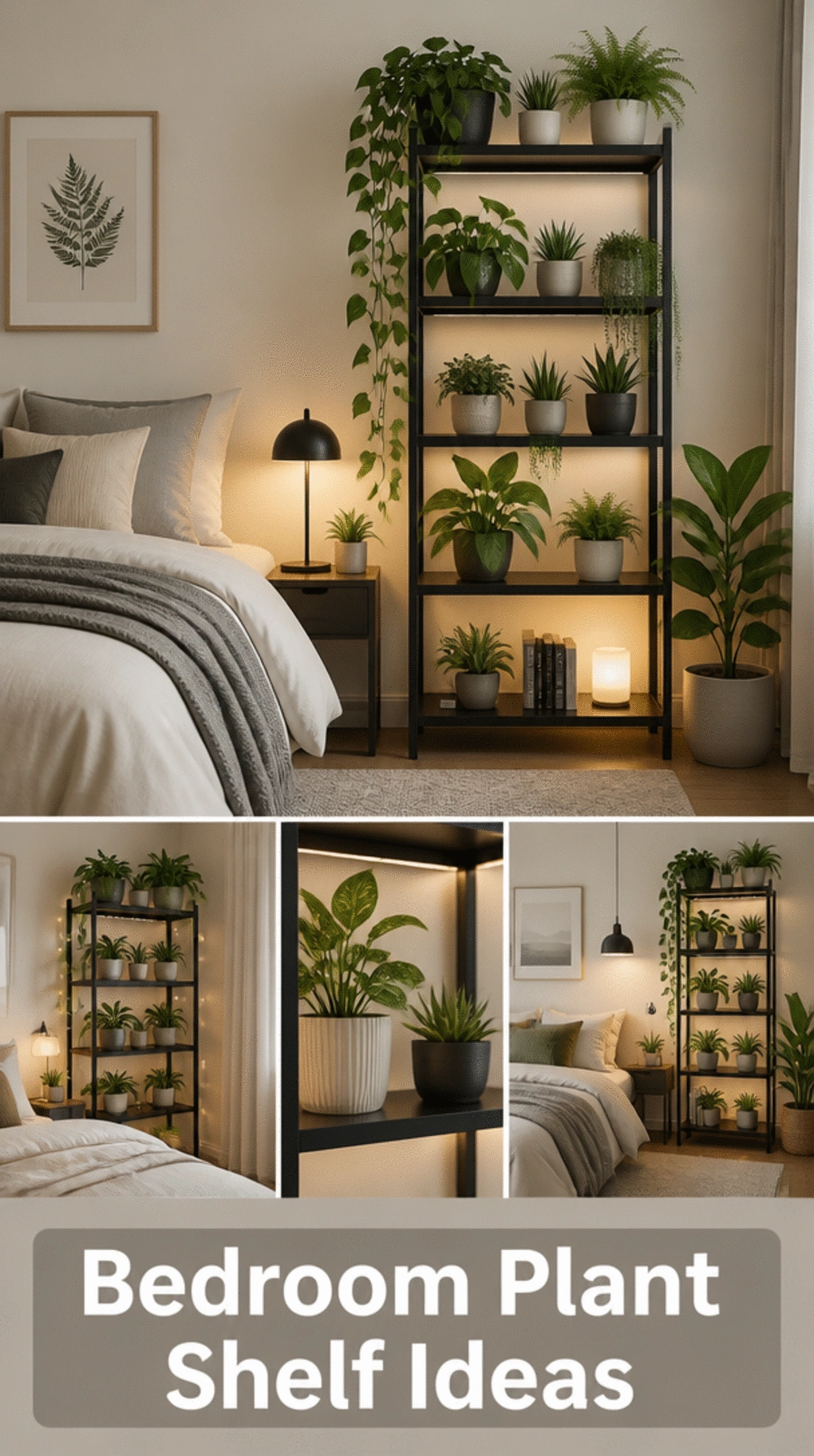 Modern Bedroom Plant Shelf in Black Metal That Keeps Plants Neatly Off the Floor