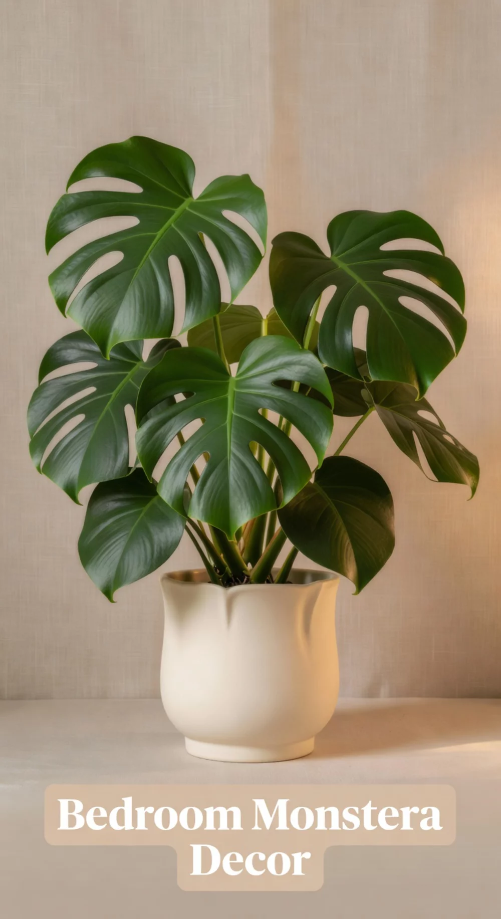 Bedroom Monstera in a Cream Ceramic Pot Paired with a Neutral Linen Backdrop