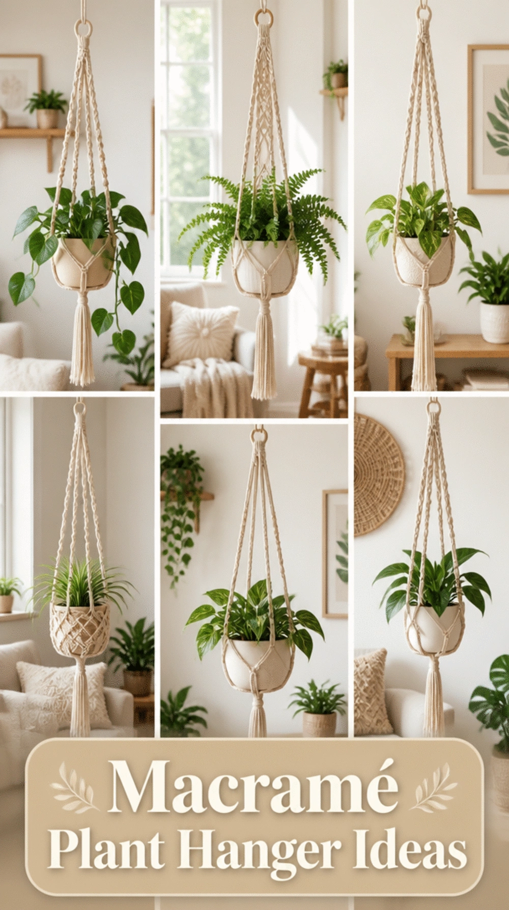 Living Room Macramé Plant Hanger in Natural Cotton That Fits a Boho Neutral Space