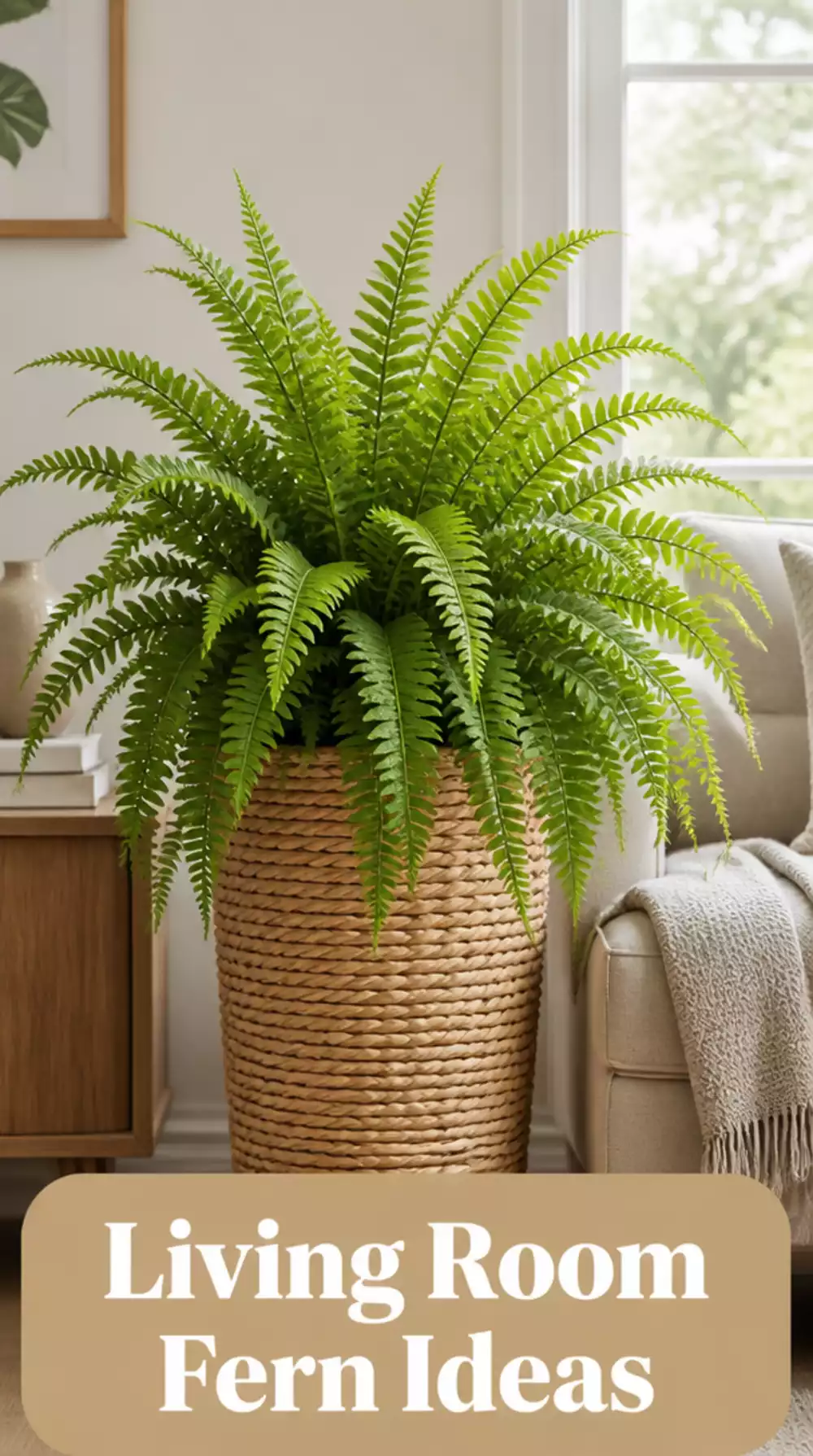 Living Room Fern in a Tall Woven Basket That Adds Soft Texture to a Neutral Space