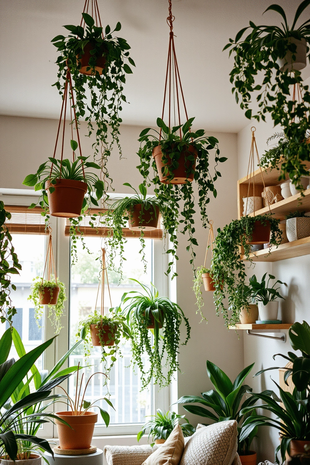 Various hanging plants in different pots cascading downwards, creating a lush green visual effect in an indoor setting.