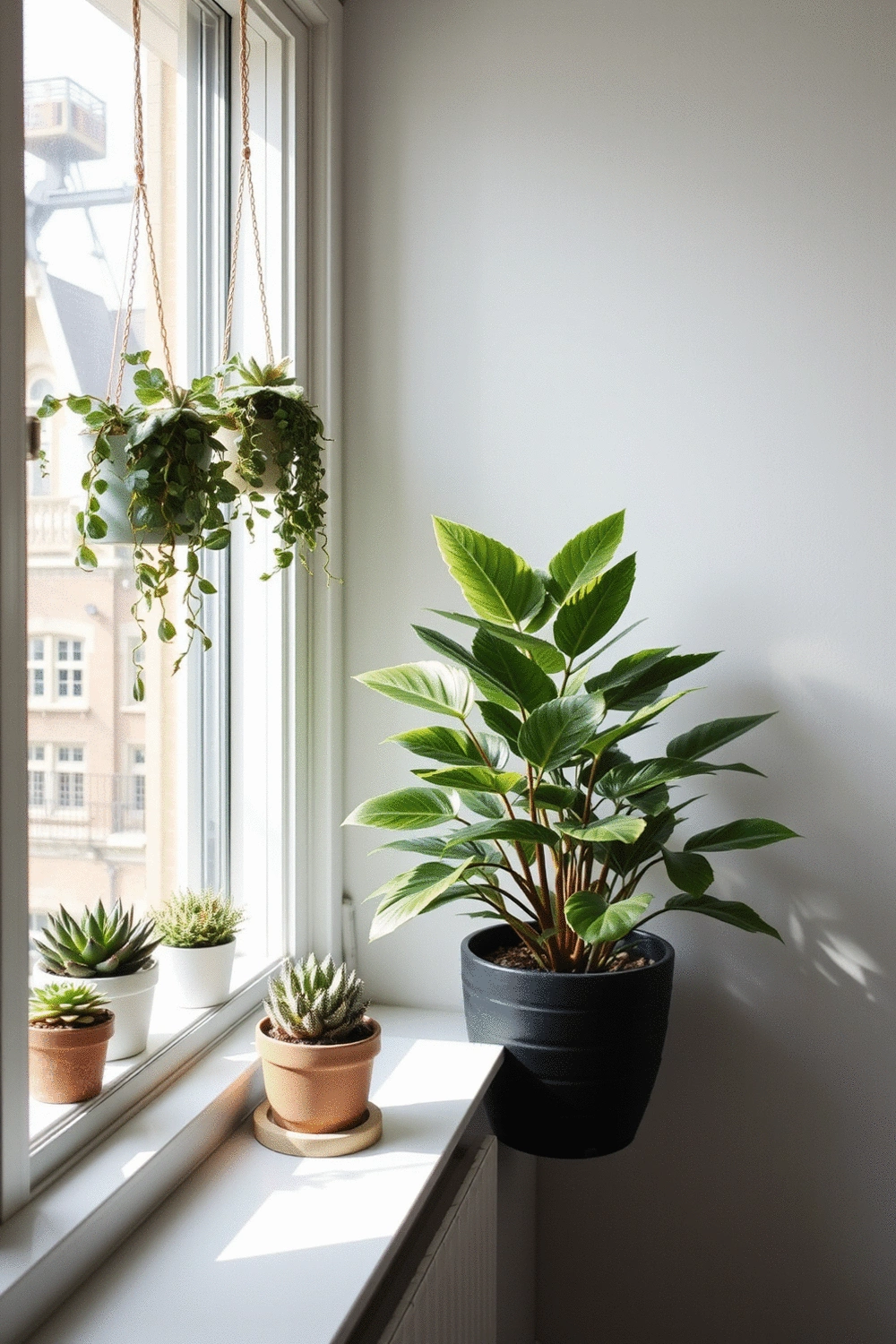 A bright windowsill with several real potted succulents and small plants, contrasting with a cozy, dimly lit corner featuring a vibrant faux palm in a stylish planter. No humans, no text.