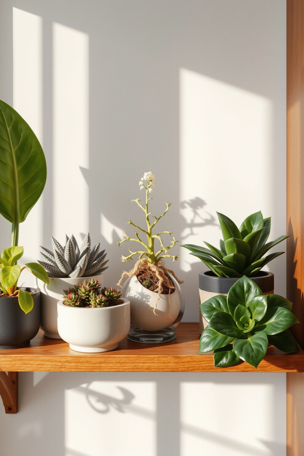 A variety of indoor plants, including a succulent arrangement, an air plant display, and a small fiddle leaf fig, placed on a wooden shelf with natural light, showcasing diverse home decor styles.