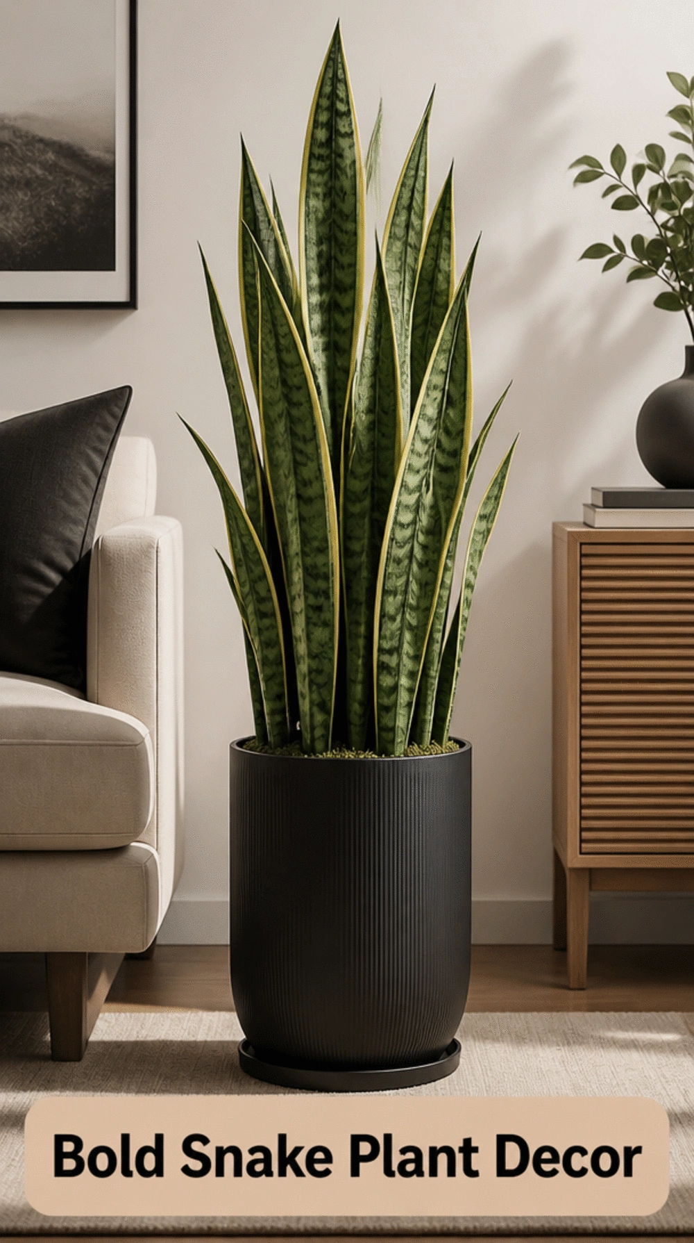 Architectural Snake Plant in a Tall Square Black Pot for a Bold Modern Room