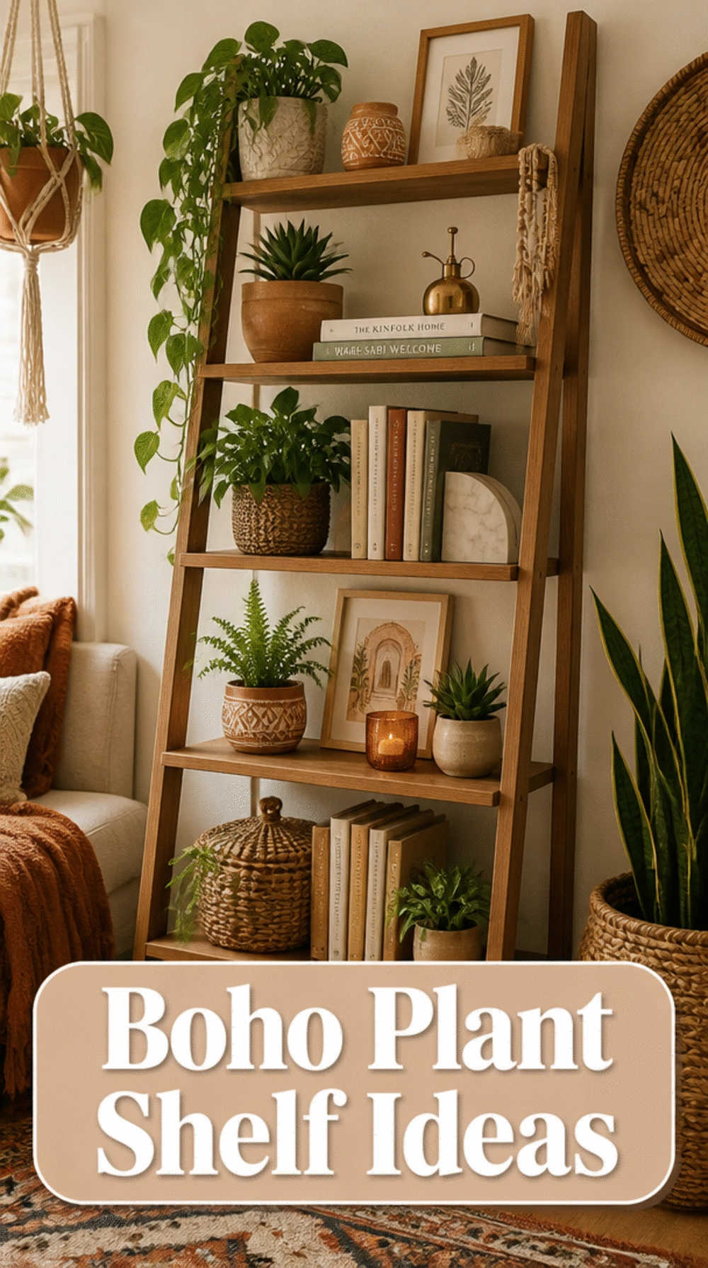 Boho Apartment Plant Shelf Using a Budget Ladder Shelf from Any High Street Store