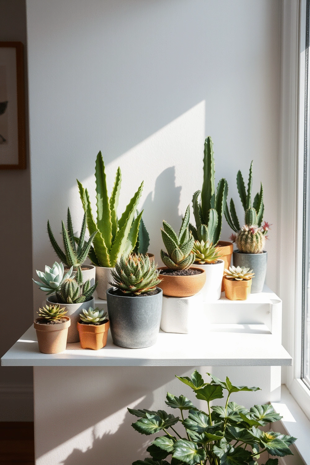 A tranquil indoor setting with a variety of healthy succulent and cactus arrangements on a modern white shelf, bathed in soft, indirect sunlight.