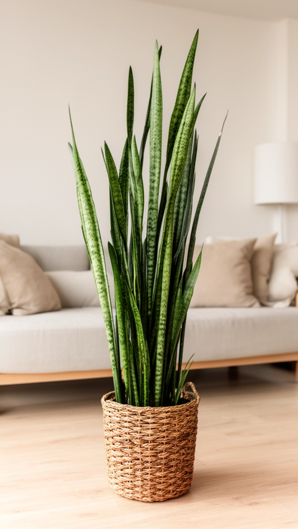Snake Plant in a Tall Woven Basket for Minimalist Living Rooms