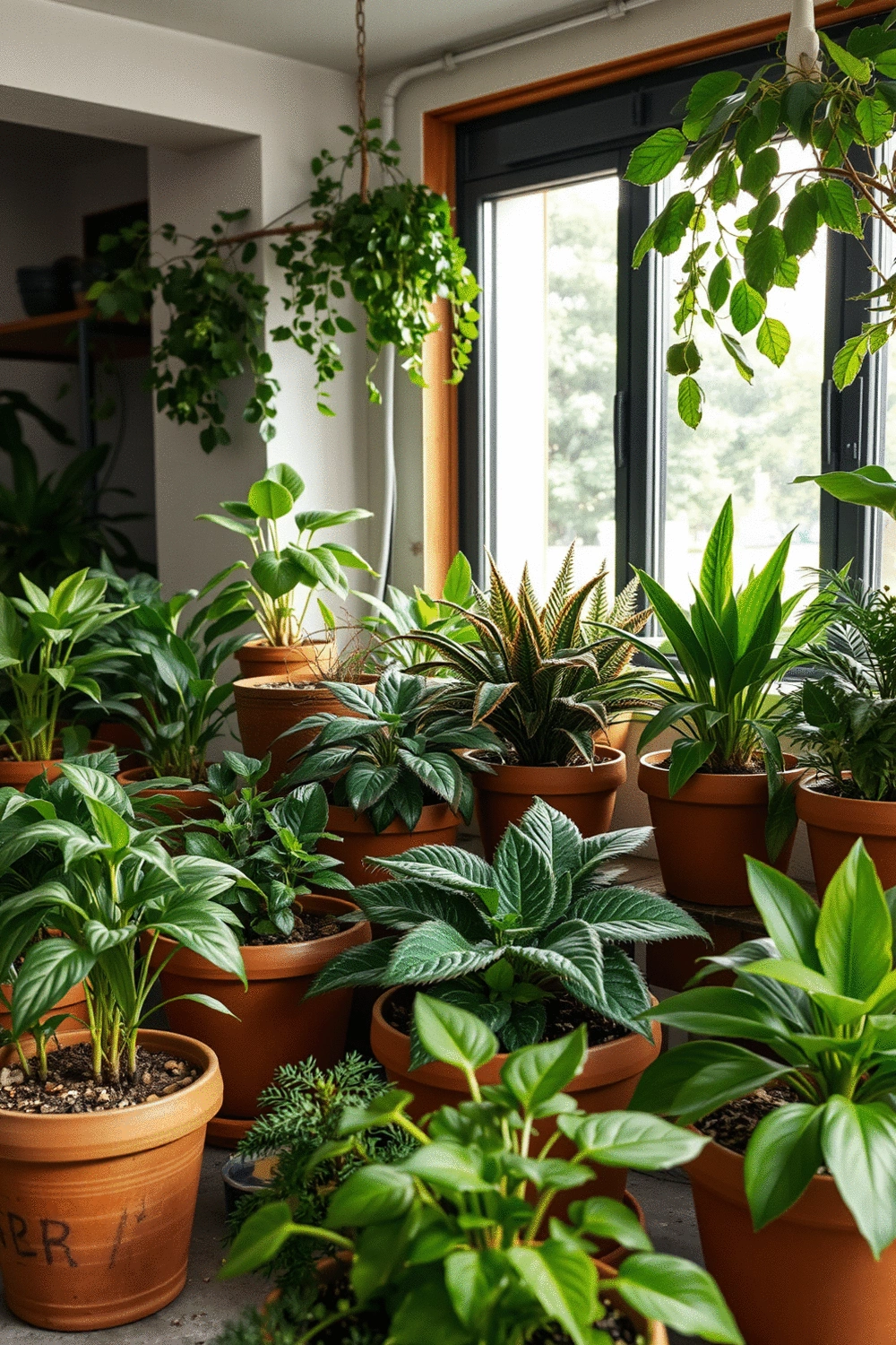 Indoor garden with various green plants in terracotta pots, natural light, no humans