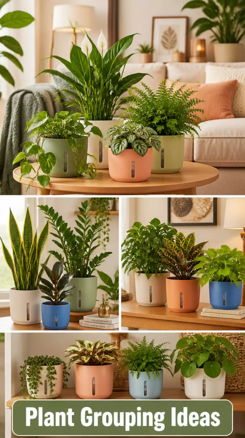 Living Room Shelf Plant Grouping That Mixes Trailing, Upright, and Bushy Plants Together