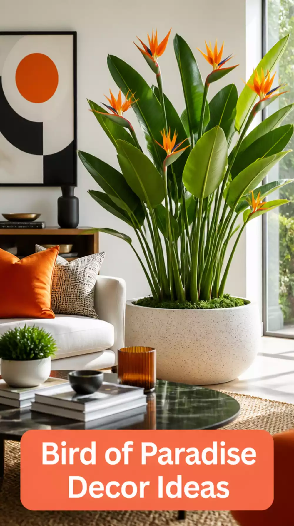 Living Room Bird of Paradise in a Wide Ceramic Planter That Commands the Whole Space