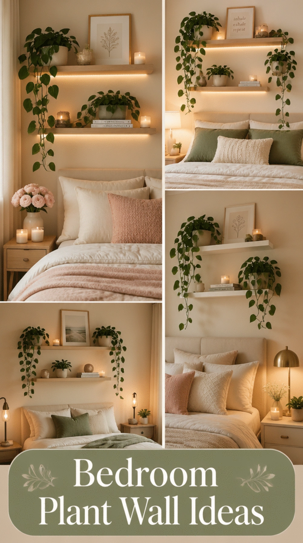 Bedroom Mounted Plant Wall with Trailing Pothos That Softens a Plain Painted Wall