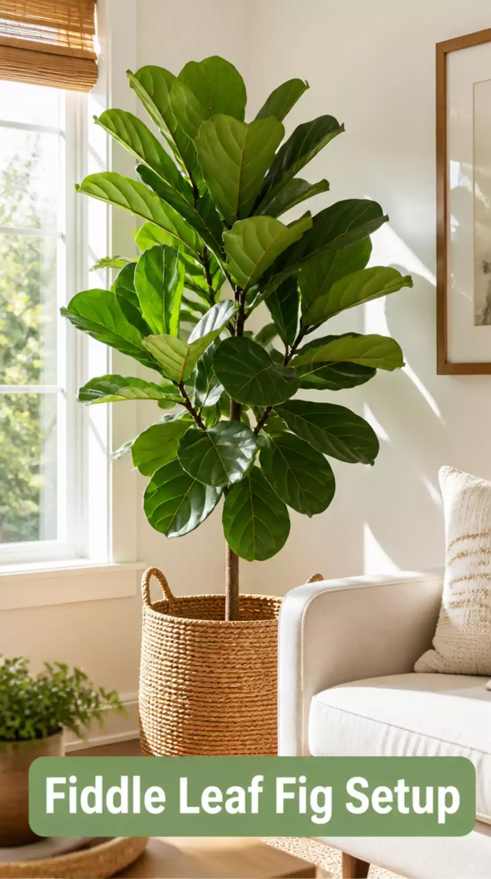 Fiddle Leaf Fig in a Large Woven Basket That Anchors a Bright Living Room Corner