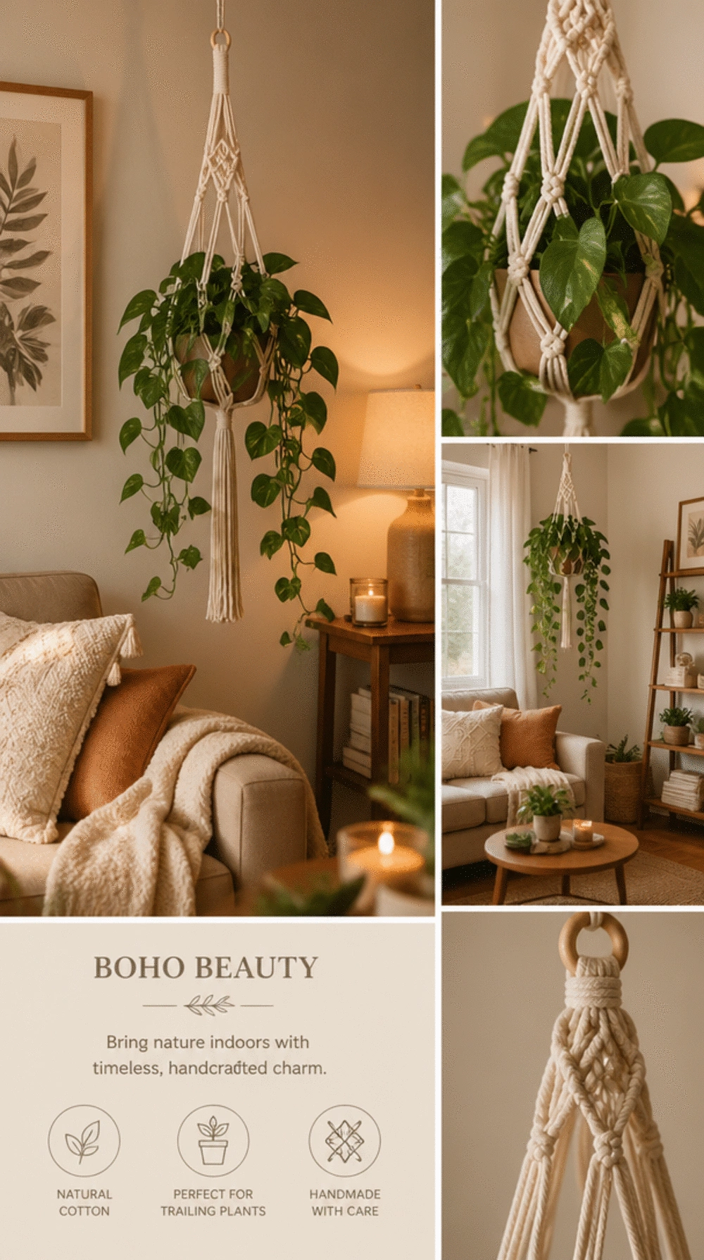 Macramé Plant Hanger with a Trailing Pothos That Fills a Living Room Corner
