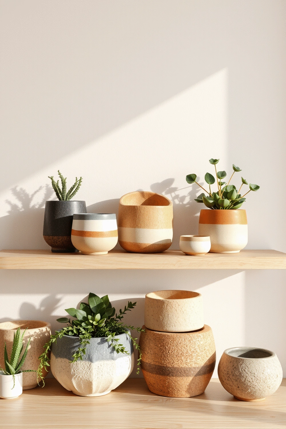 A collection of varied, empty, stylish ceramic planters arranged artfully on a light wooden shelf against a soft, neutral wall. The planters exhibit different textures and subtle earth-tone colors, showcasing their unique designs as decorative objects.