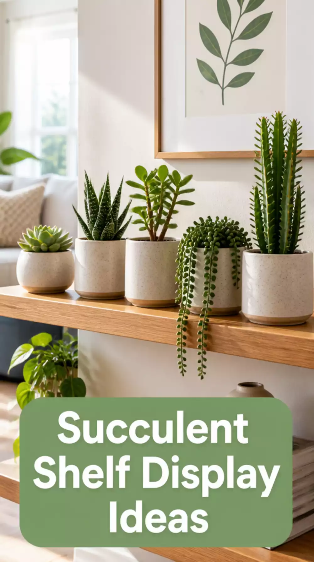 Living Room Succulent Shelf Display with Five Mixed Varieties in Matching Pots