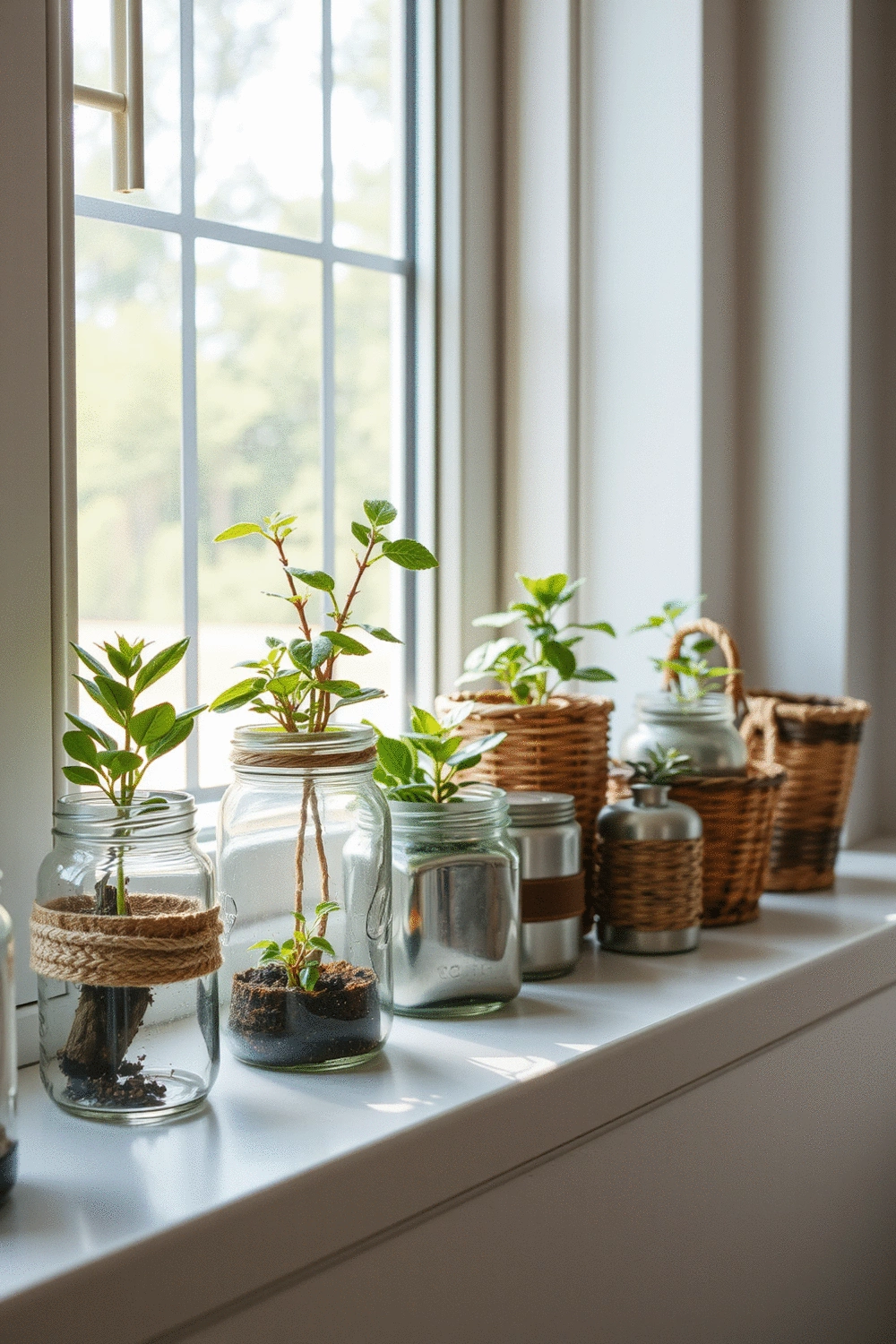 Variety of repurposed items like glass jars, tin cans, and woven baskets transformed into decorative planters, holding small green plants, arranged on a sunny windowsill.