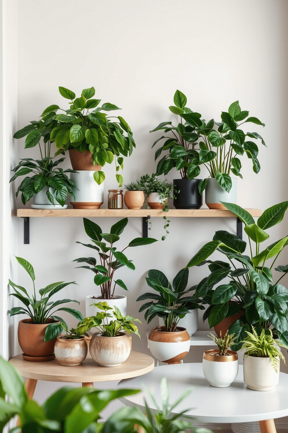 A serene indoor corner with various low-light houseplants on shelves and tables, creating a cozy atmosphere.