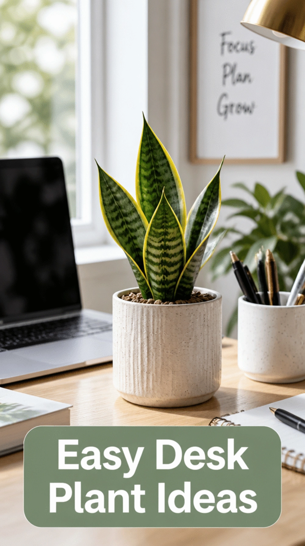 Small Snake Plant on a Home Office Desk That Cleans Air Without Any Fuss