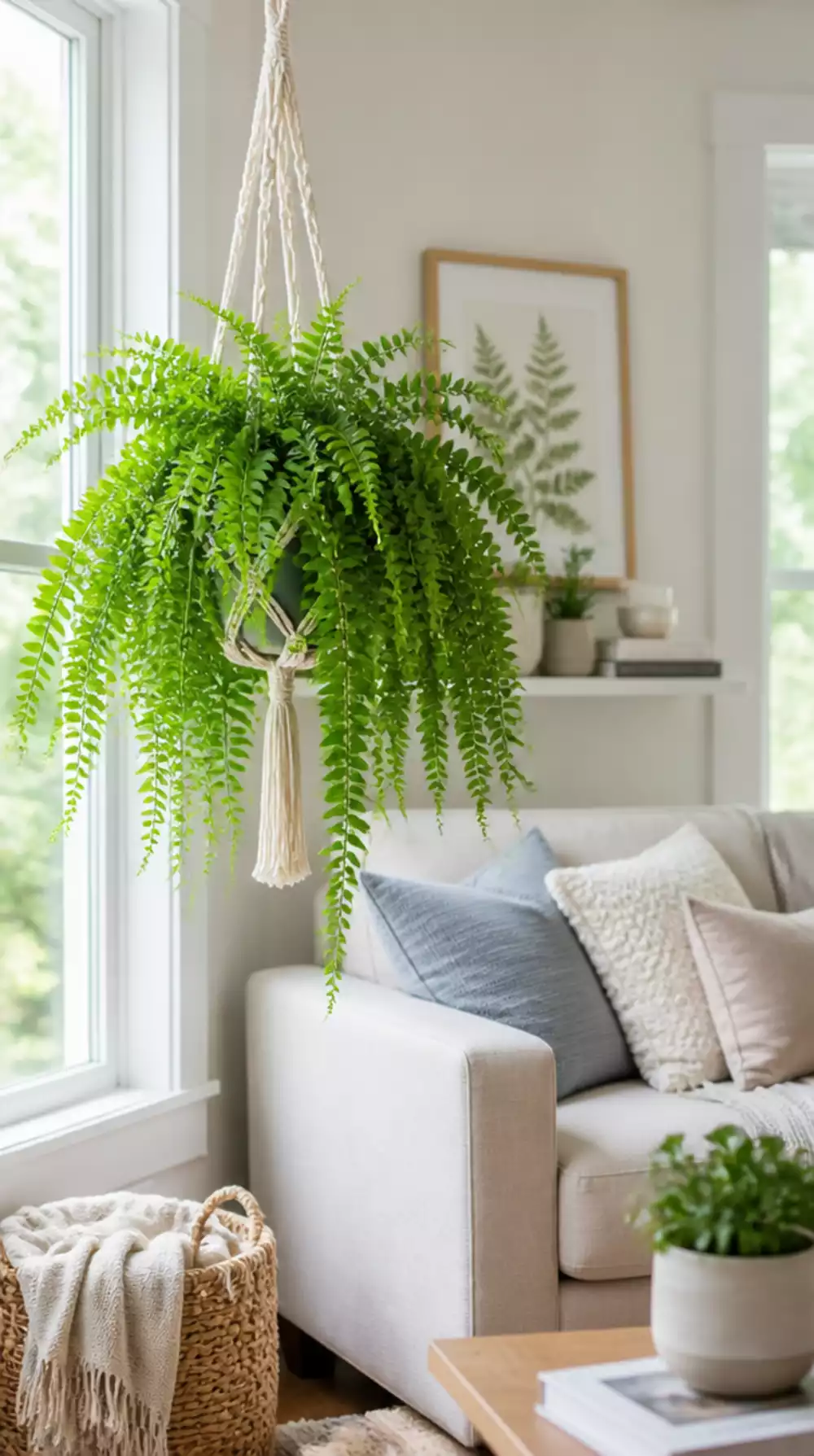 Boston Fern in a Hanging Planter That Cascades Beautifully in a Bright Living Room