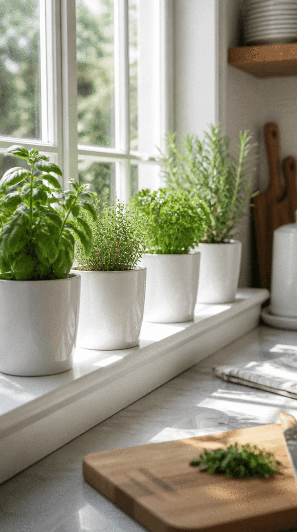 Minimalist Kitchen Herb Planter in White Ceramic Lined Up on a Window Sill