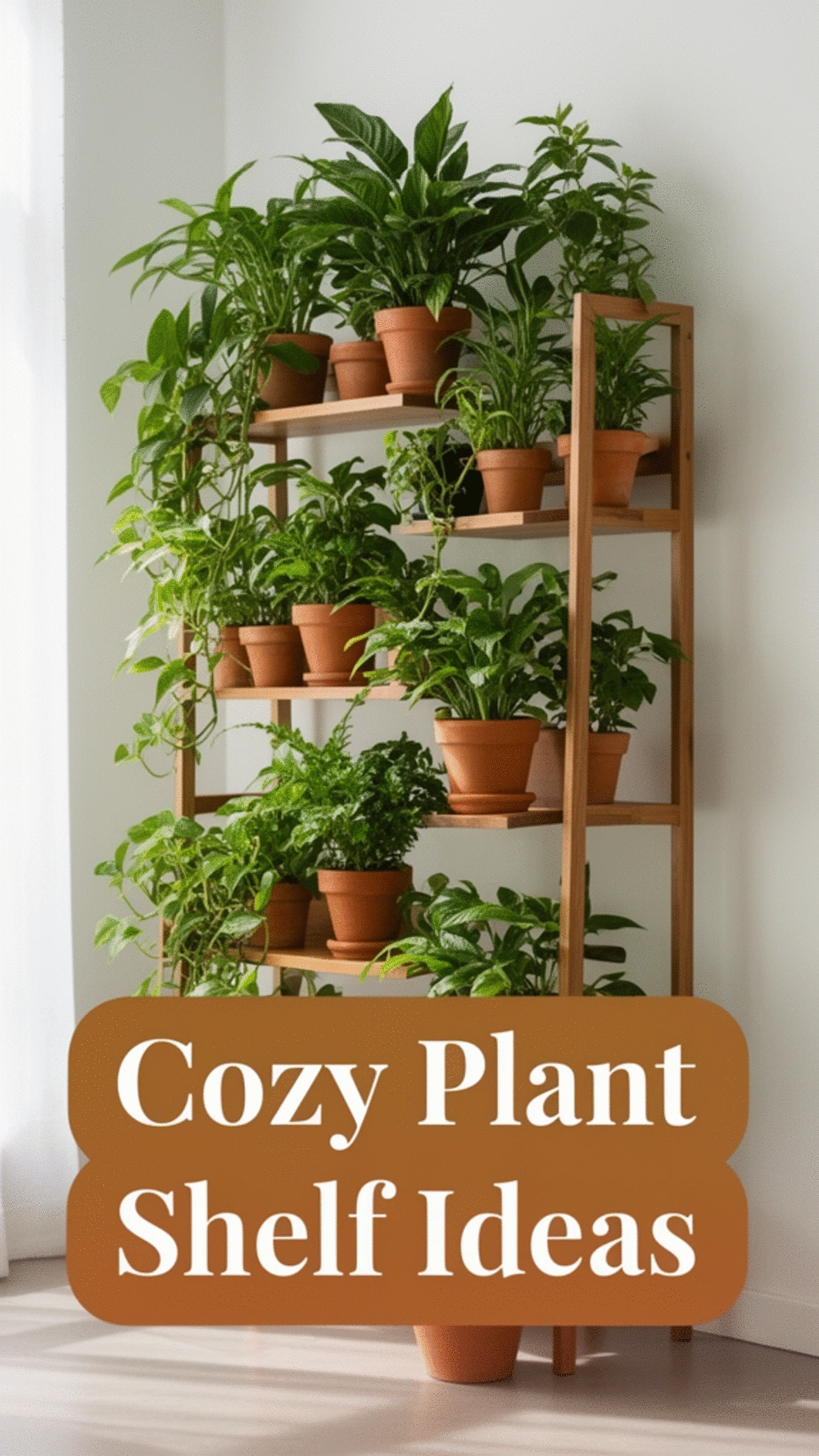 Living Room Wooden Plant Shelf That Pairs Greenery with Warm Natural Tones