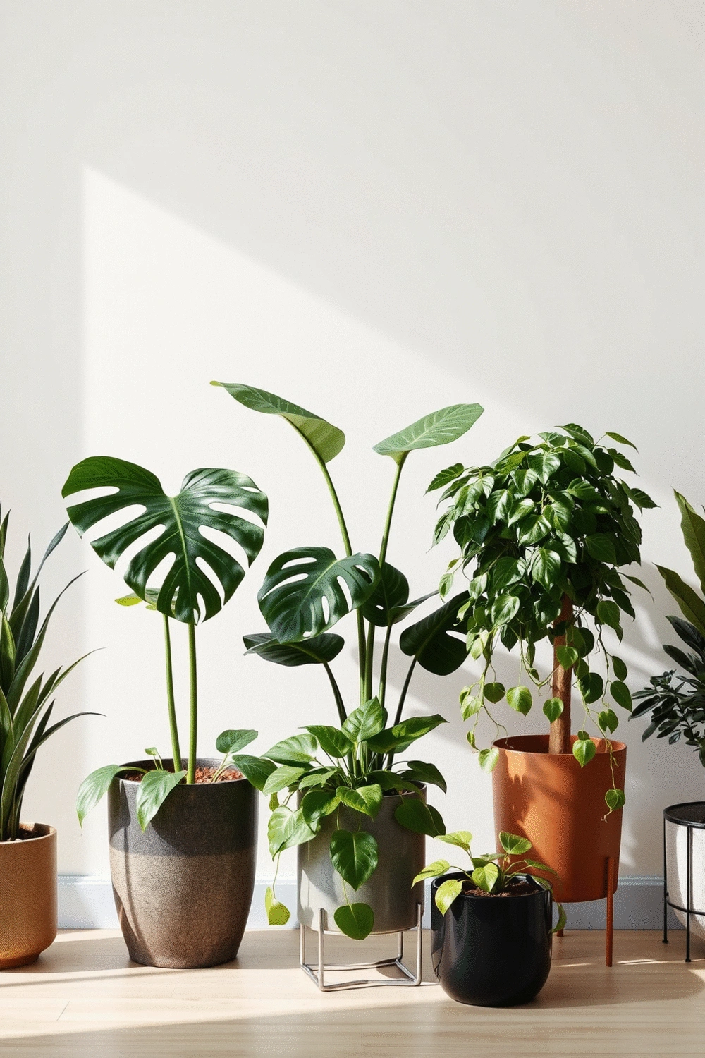 A collection of various indoor plants in different pots, including a tall fiddle leaf fig, a tropical monstera, and a cascading pothos, arranged to show their unique characteristics.