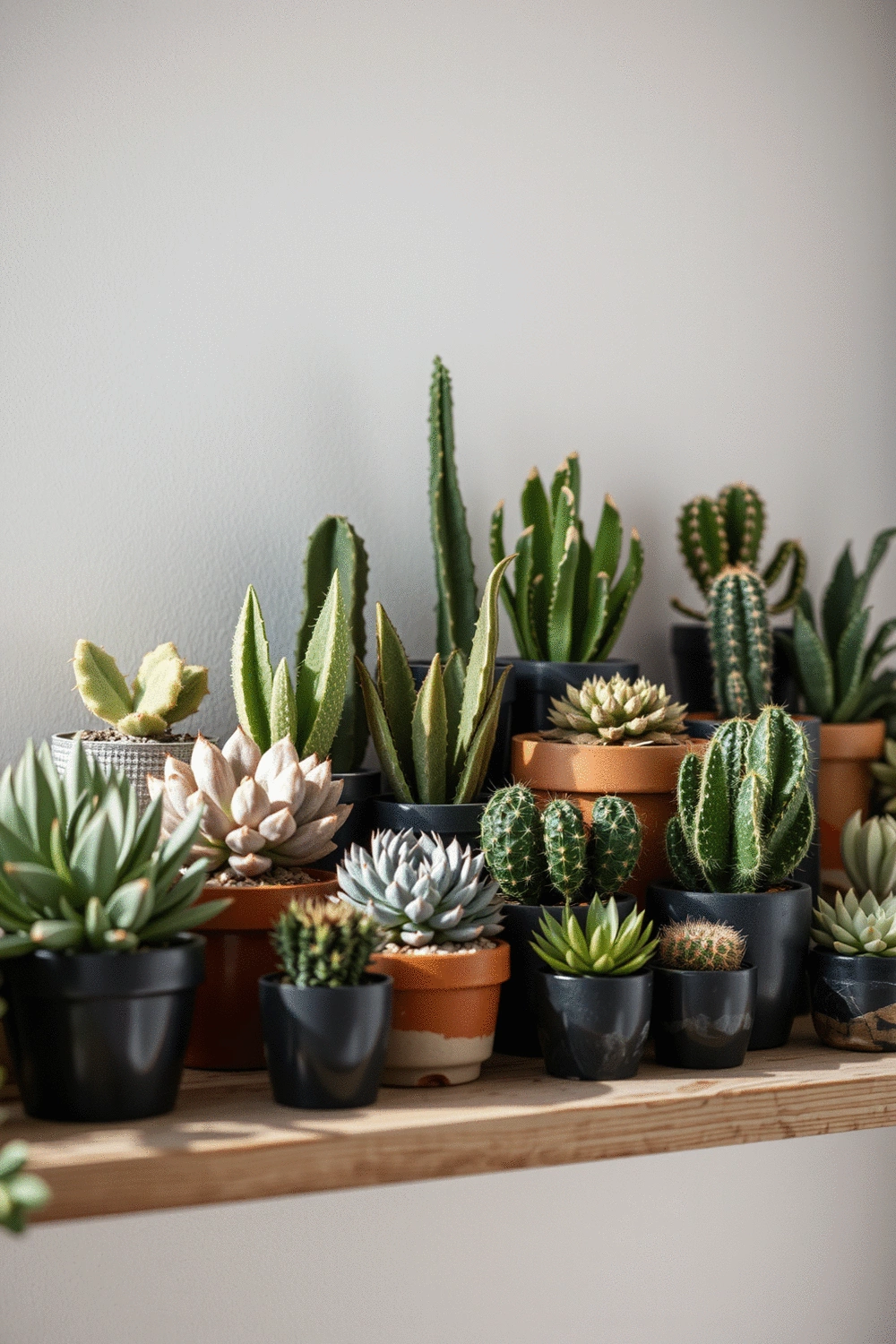 A collection of diverse succulents and cacti in various small, decorative pots arranged aesthetically on a rustic wooden shelf, bathed in soft natural light.