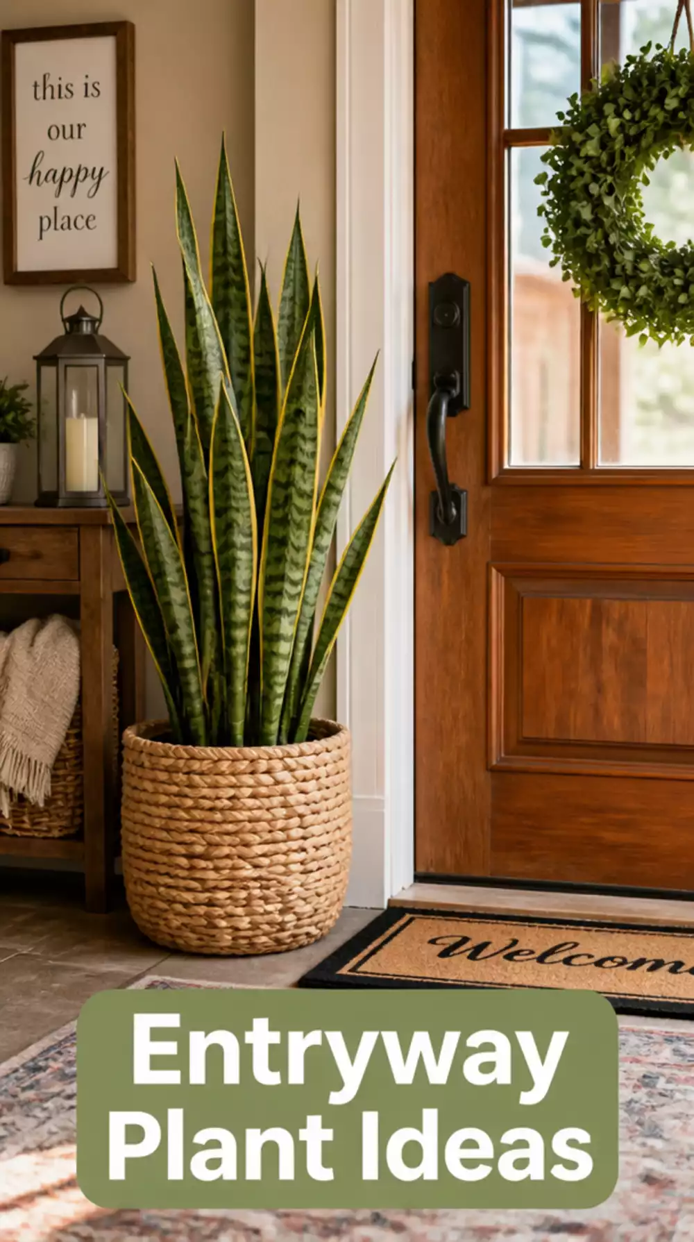 Tall Snake Plant in Woven Basket Entryway Decor
