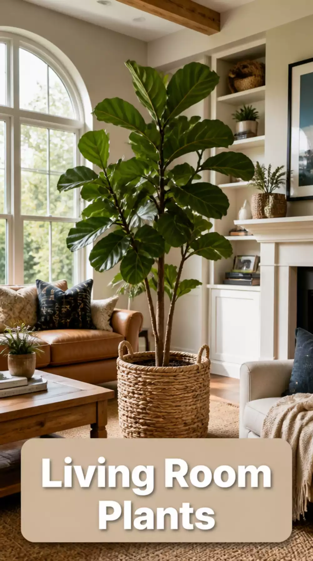 Living Room Large Floor Plant in a Woven Basket That Anchors the Whole Space