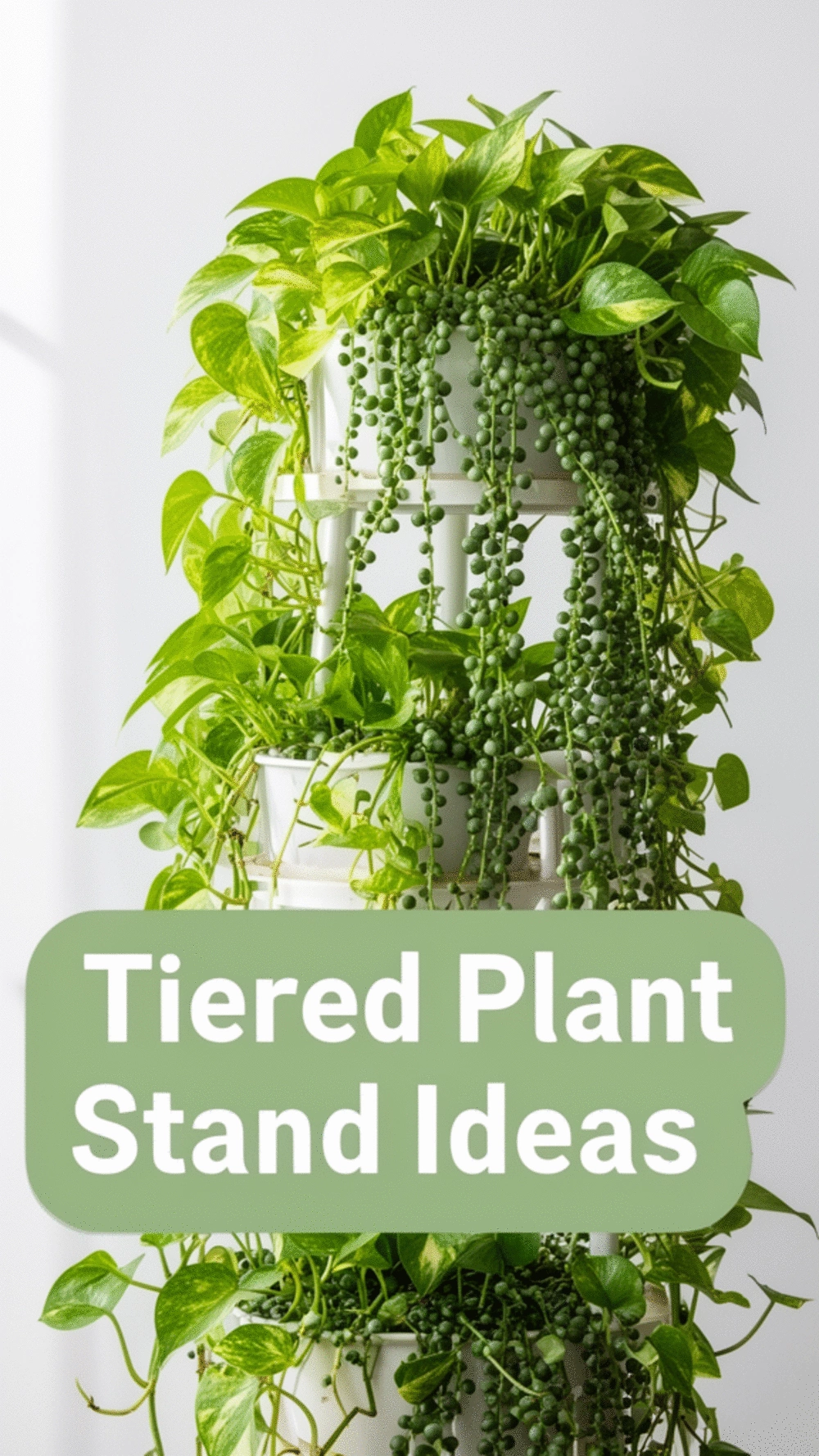 Living Room Corner Plant Stand with Three Tiers of Trailing Greenery