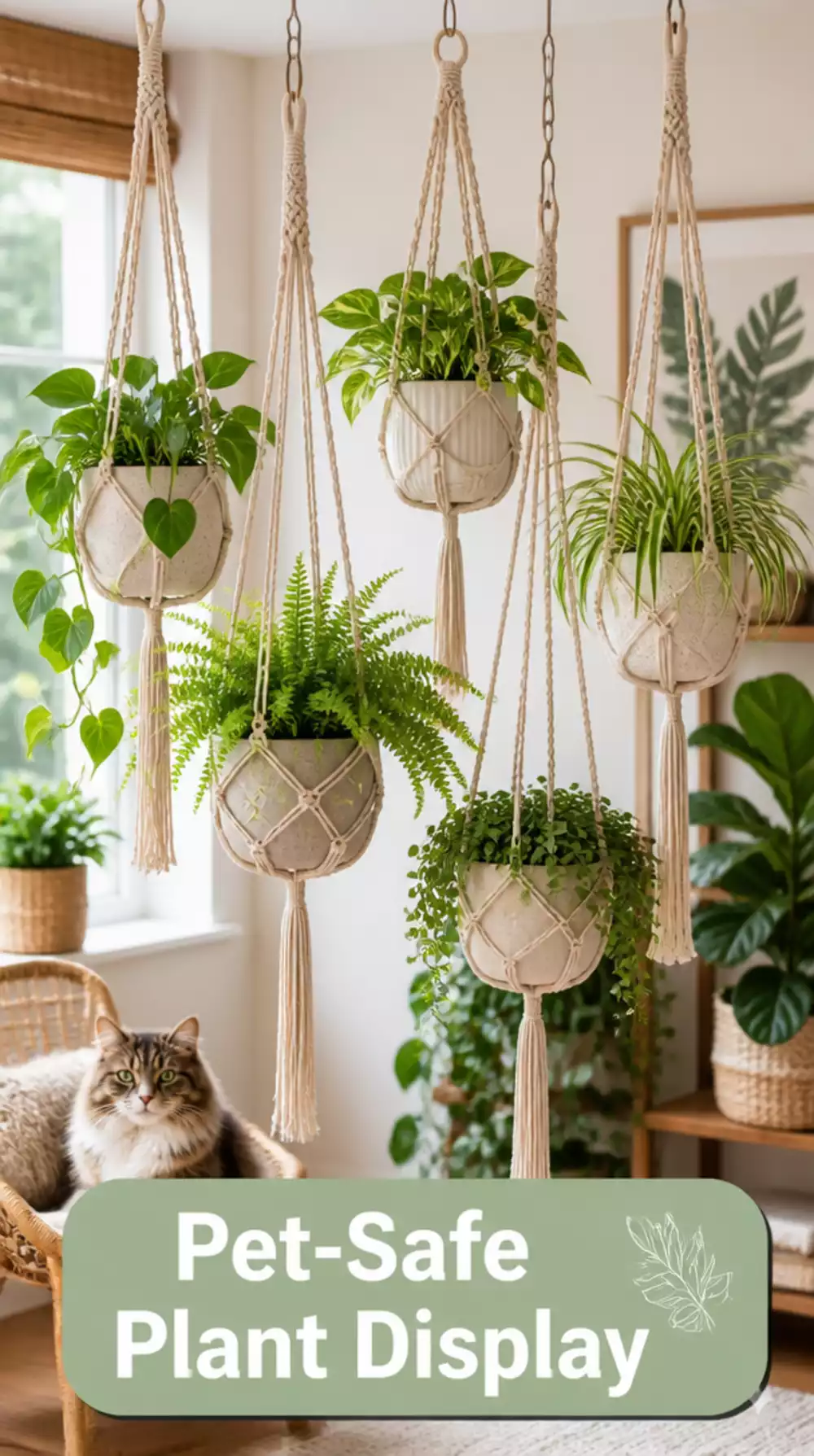 Pet-Safe Hanging Planter System in Macramé That Suspends Plants from the Ceiling