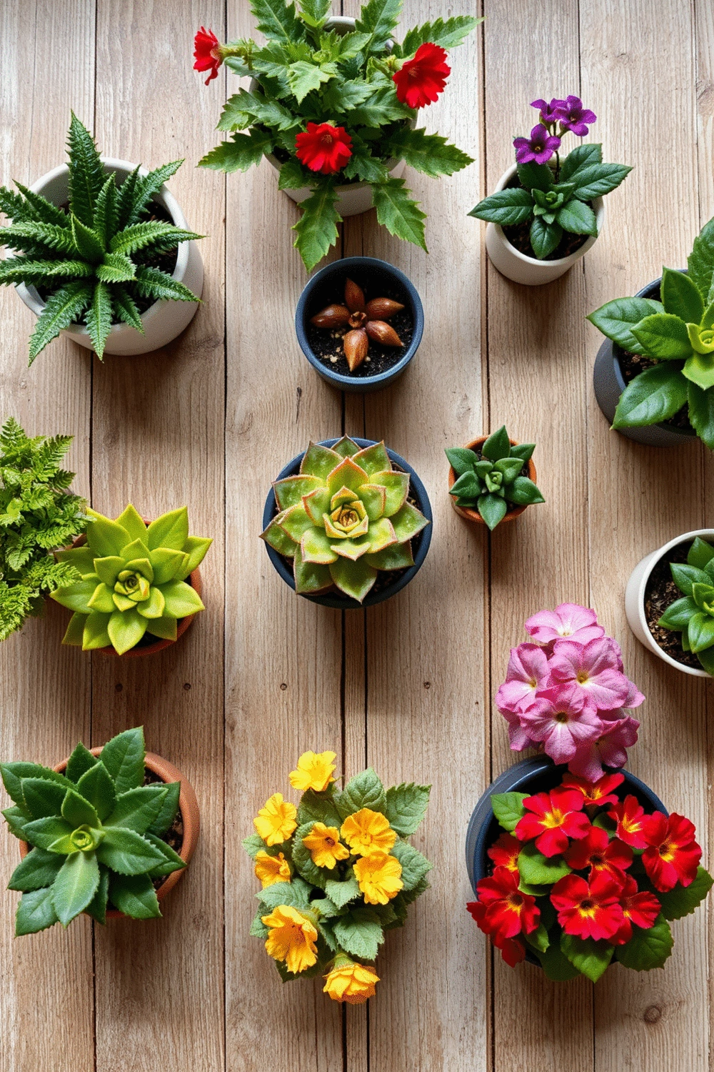 A collection of various potted plants including a Christmas Cactus and petunias, arranged to show seasonal decor changes, with soft natural light.