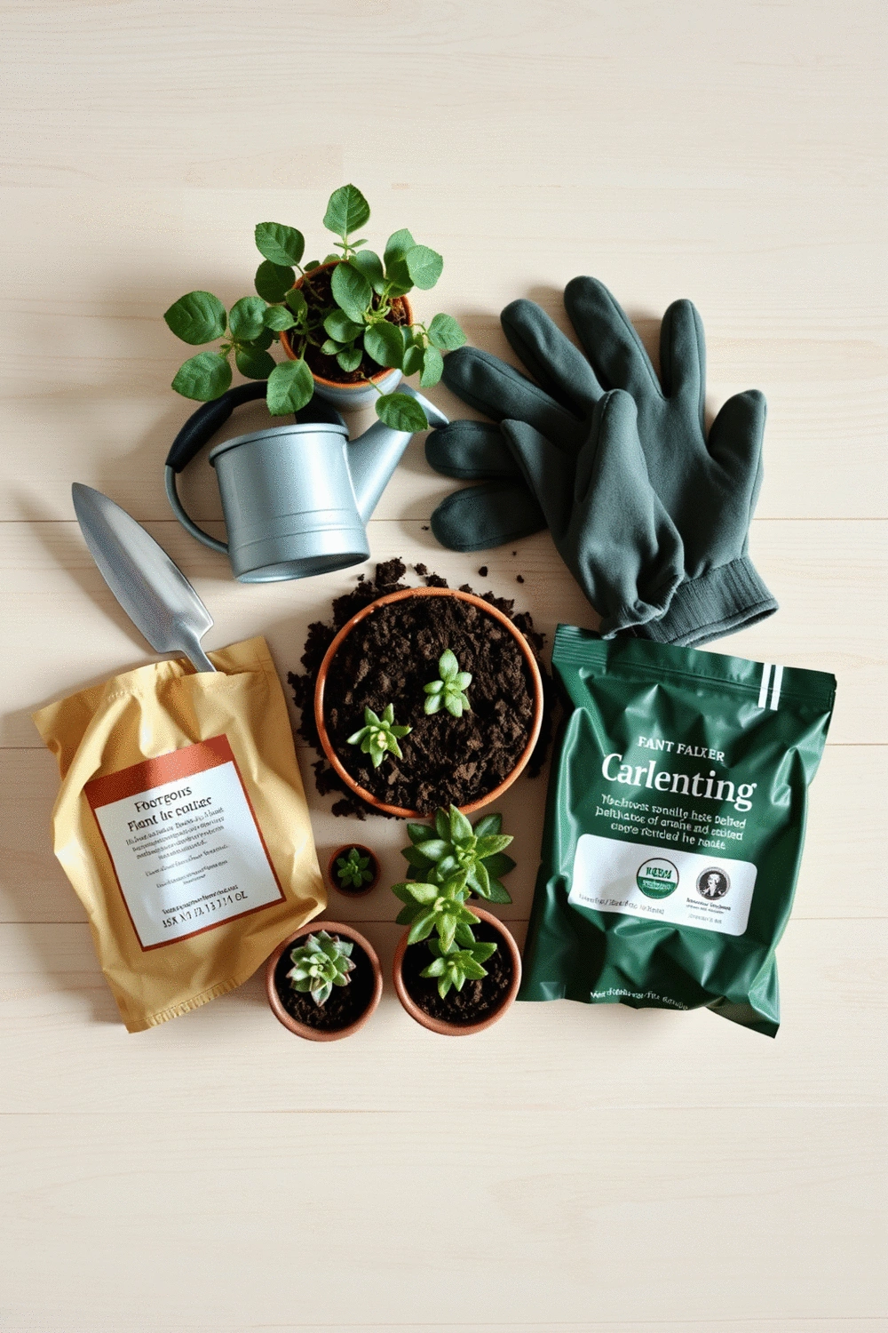 Flat lay of various plant care tools and organic soil, no humans, soft natural light