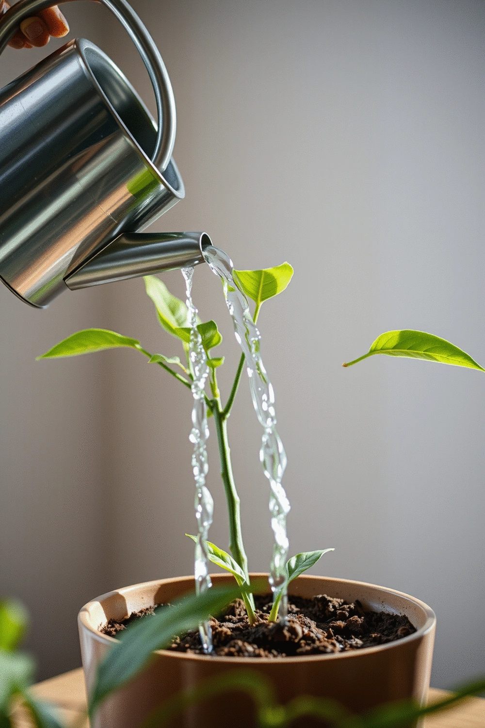 A watering can pouring water into a potted houseplant, illustrating proper winter watering techniques.
