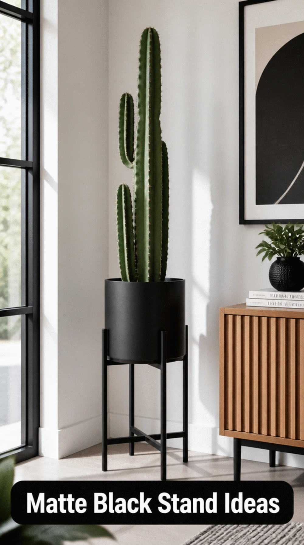 Matte Black Plant Stand with a Single Tall Cactus in a Slim Indoor Corner
