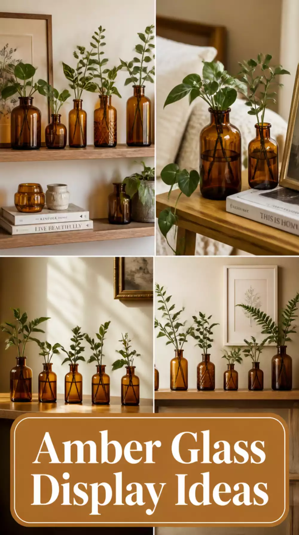 Living Room Shelf Propagation Display in Matching Amber Glass Bottles and Bud Vases