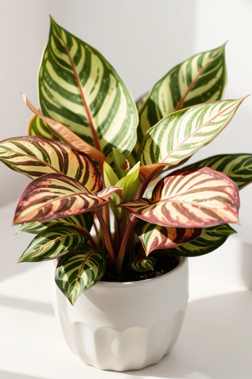 Close-up of a variegated Alocasia Frydek plant with distinctive leaf patterns, no humans, soft natural light