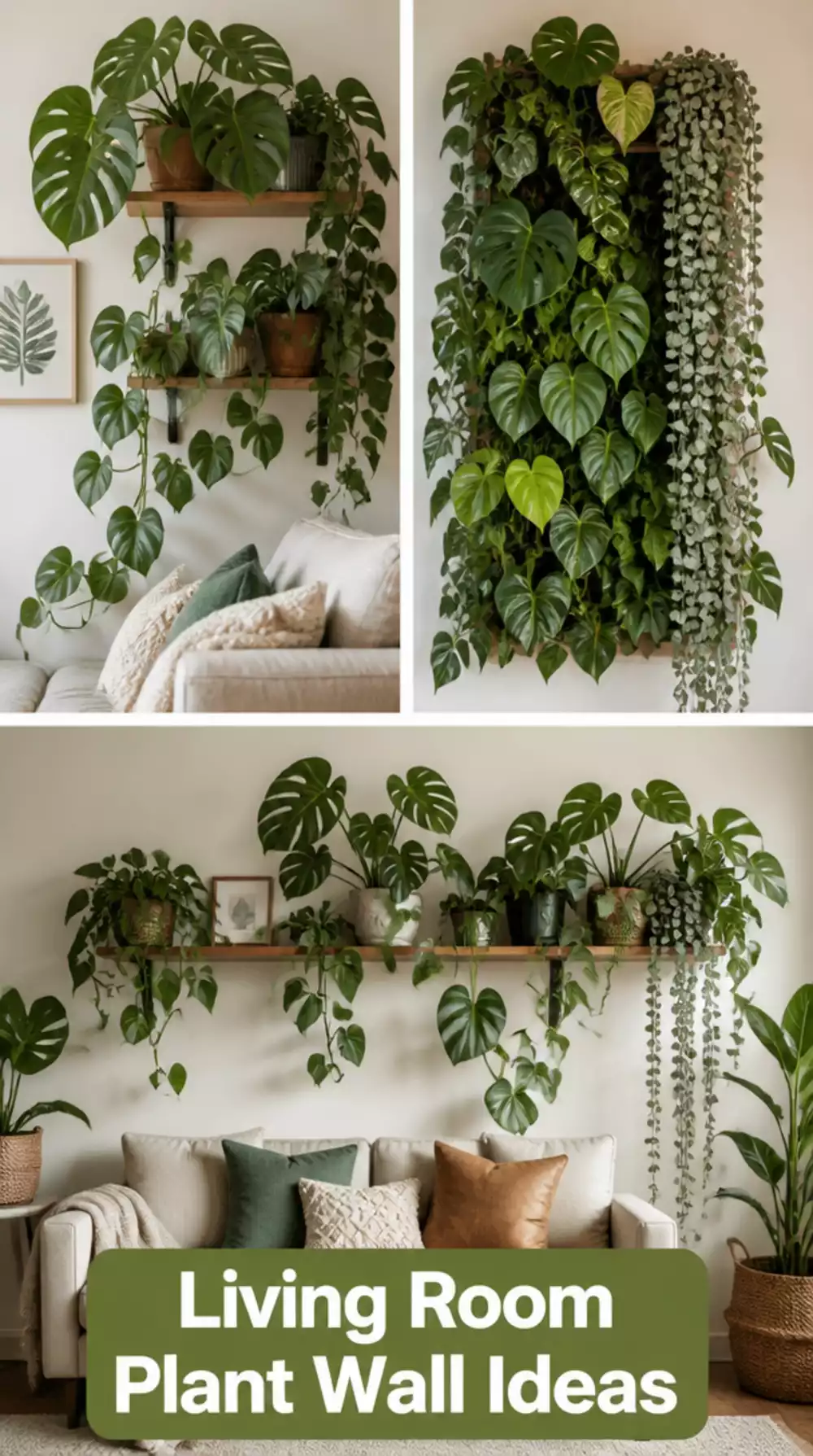 Living Room Plant Wall Covered in Monstera- Philodendron- and Trailing String of Hearts